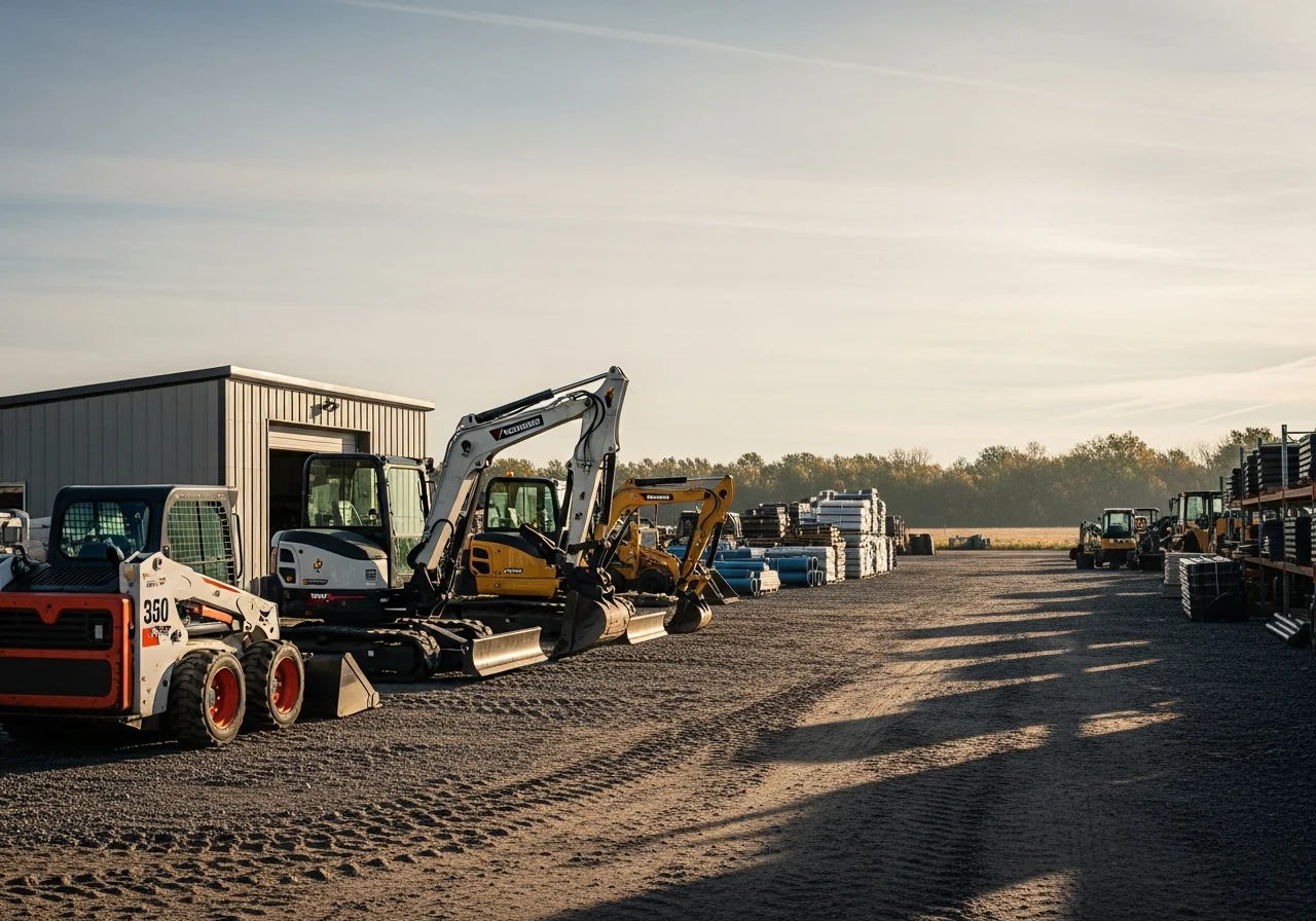 Excavation equipment and heavy machinery staged at a job site, ready for residential land clearing and site preparation work.