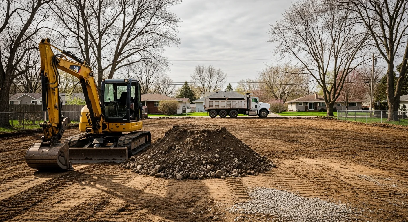 Excavator working on residential property clearing in Rochester, Minnesota
