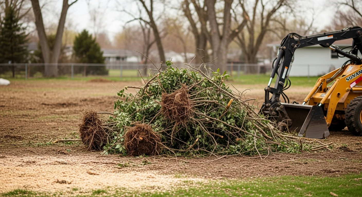 A cleared residential yard edge in Rochester, MN showing bare ground and open space where dense brush and overgrown shrubs have been removed. Stacked cut debris is visible near a fence line before hauling.