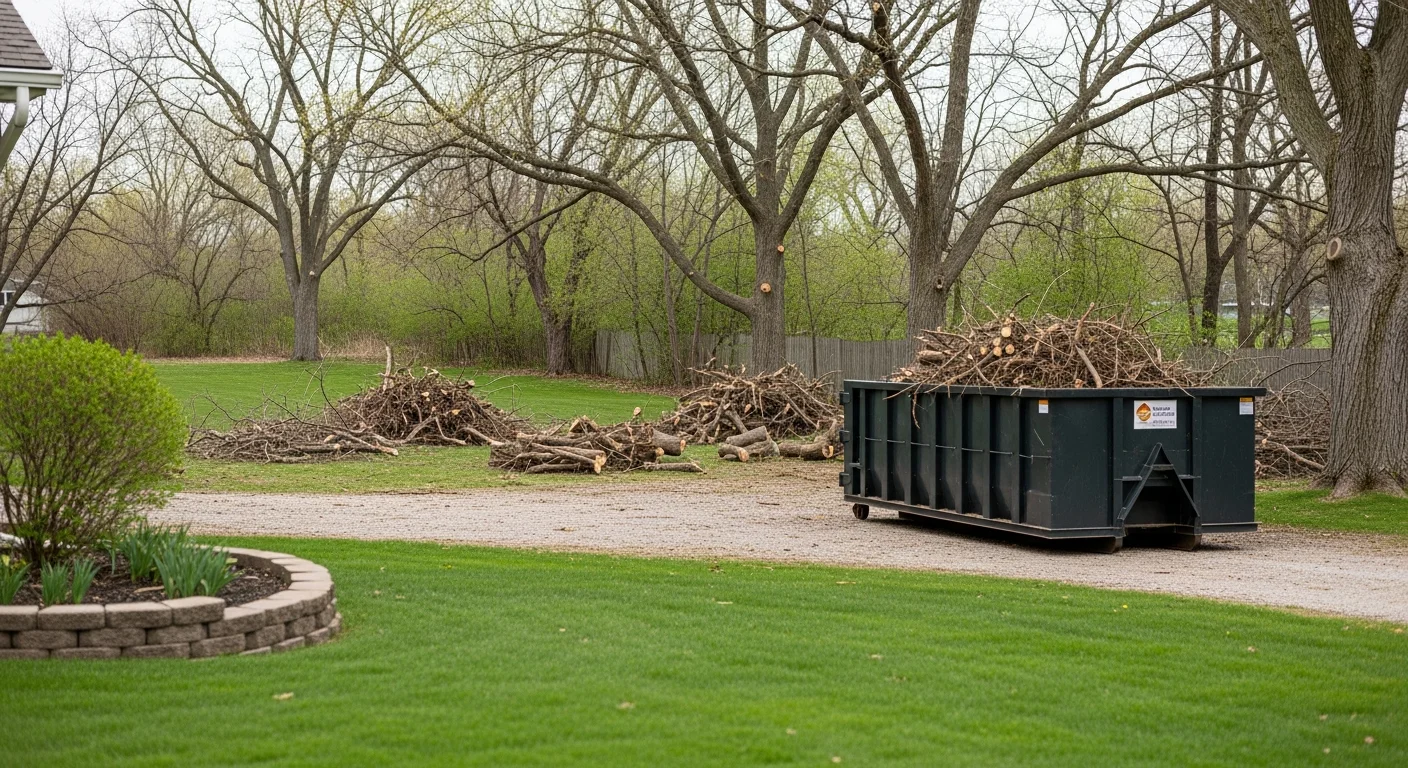 A Rochester, MN residential yard after debris removal by Younge Contracting, showing a cleared lawn free of branches, brush piles, and landscape trimmings. A landscaping crew loads the last of the storm debris into a hauling truck parked on the property.