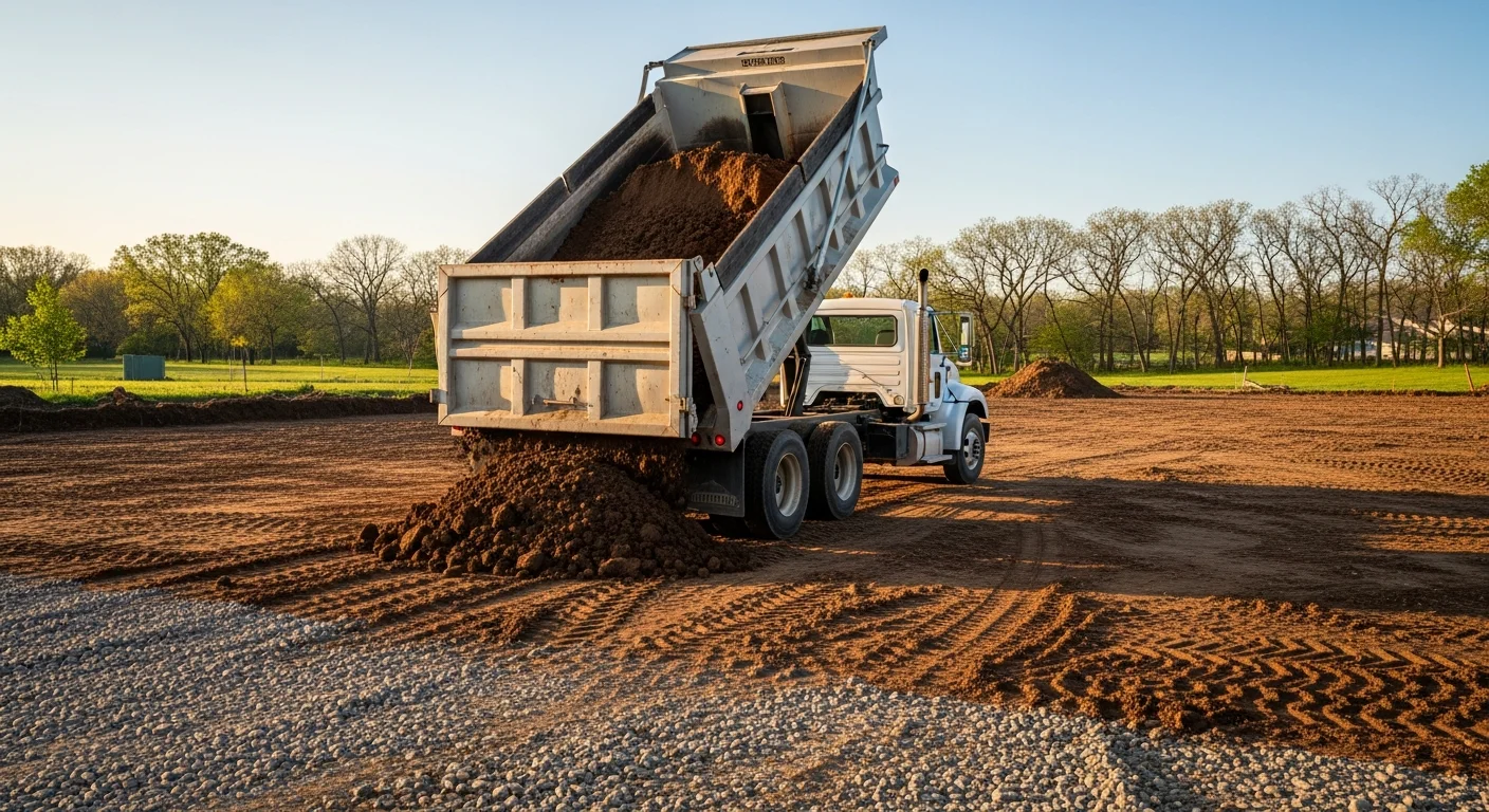 A dump truck loaded with excavated soil on a residential job site in Rochester, MN. The surrounding area shows cleared land ready for grading or construction.