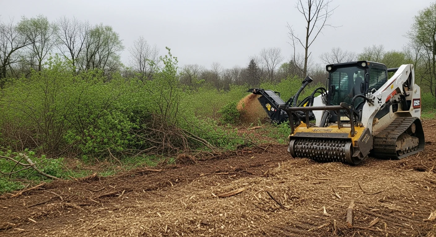 A Rochester, MN rural property after forestry mulching, showing a cleared open area with a layer of shredded wood mulch on the ground and a tree line at the perimeter. A track-mounted forestry mulcher is visible working along the edge of the cleared zone.