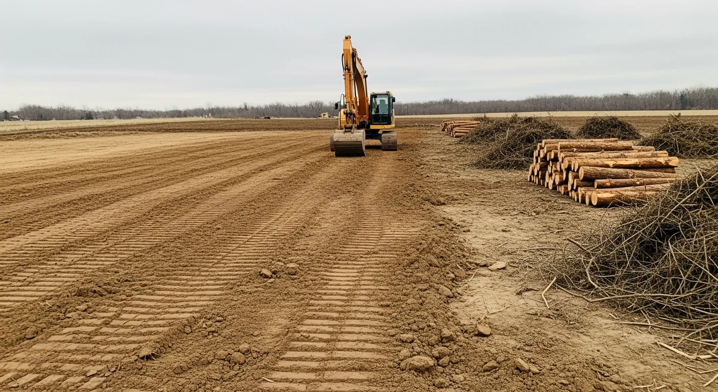 A Rochester, MN residential lot after professional land clearing by an excavating contractor, showing bare level ground with stumps and brush fully removed. Heavy equipment tracks are visible at the site edge, with a tree line remaining at the property boundary.