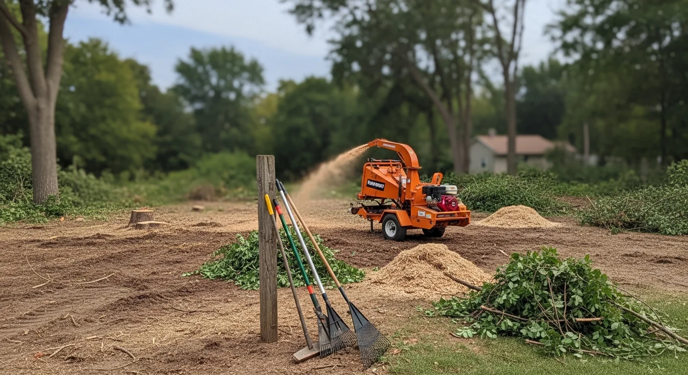 A Rochester, MN residential property after overgrown property cleanup, showing cleared ground, cut brush piles staged for removal, and open yard space where dense weeds and tall grass previously covered the lot. Younge Contracting crew equipment visible in the background.