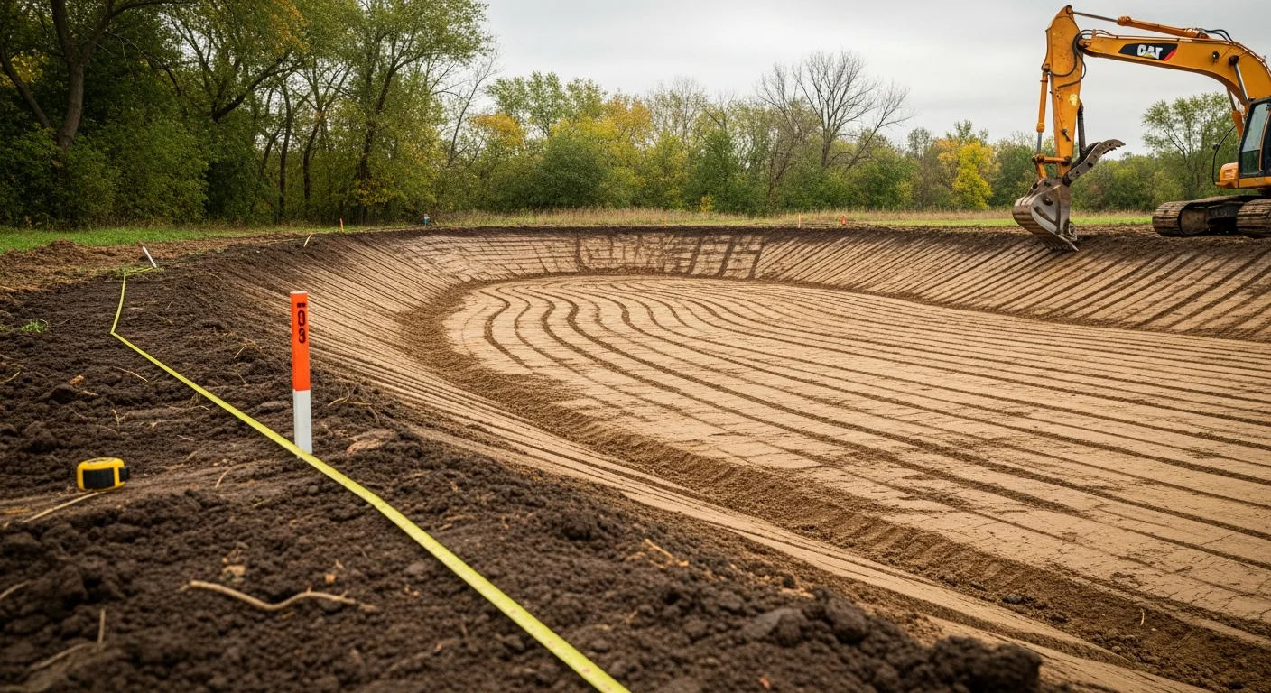 Freshly excavated residential pond with graded earthen banks on a Rochester, MN property. A Younge Contracting excavator sits at the edge of the completed basin surrounded by open lawn.