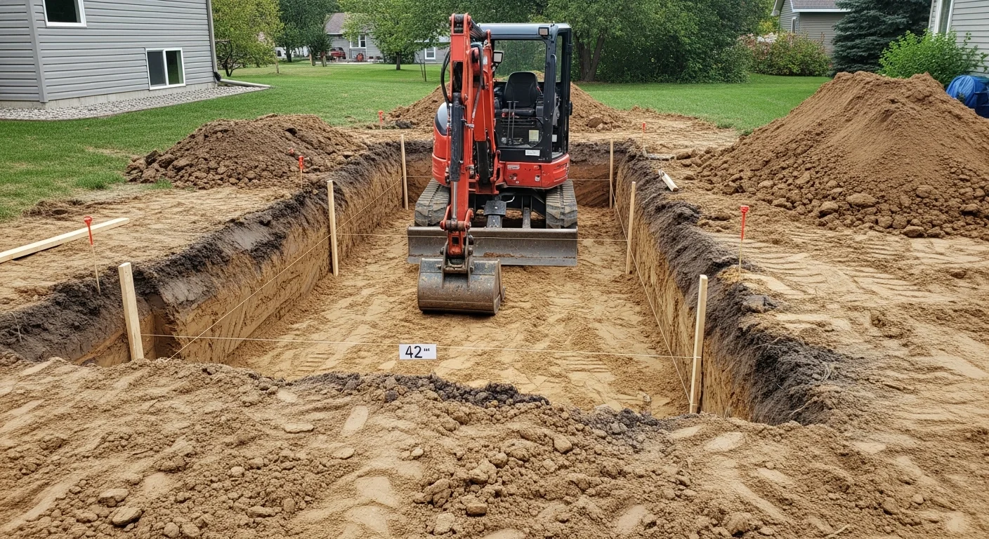 A tracked excavator digging a residential foundation trench on a Rochester, MN property with exposed soil walls and graded earth around the site. The surrounding landscape shows a typical southeastern Minnesota residential lot prepared for new construction.