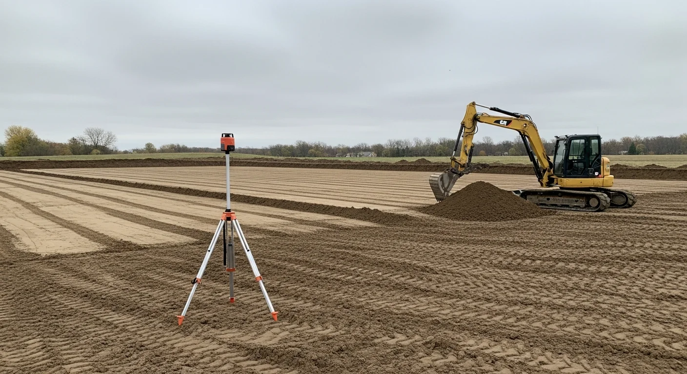 An excavator grading and leveling a cleared residential lot in Rochester, MN, with exposed clay soil and a flat compacted building pad ready for foundation work. The surrounding area shows a typical southeast Minnesota landscape with open sky and nearby tree lines.
