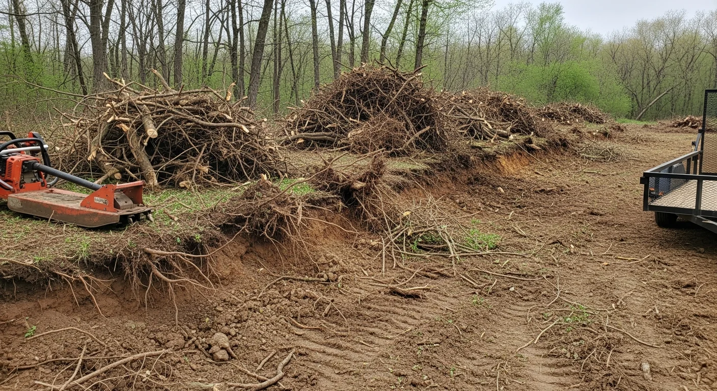 A cleared residential yard in Rochester, MN after vegetation removal, showing bare ground free of brush and invasive shrubs along a fence line. A Younge Contracting crew member operates equipment on the site with a clean, open lot visible in the background.